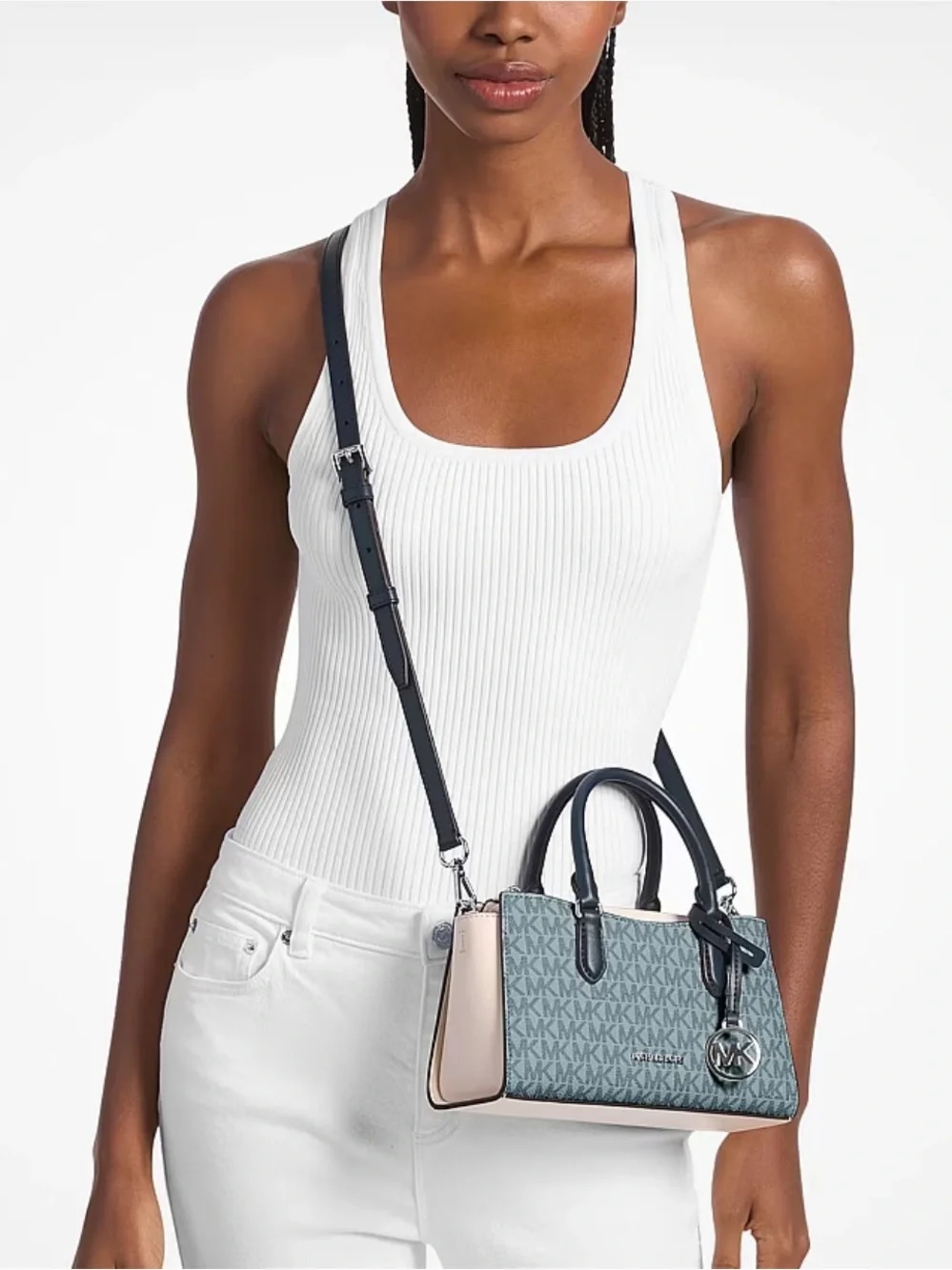 Michael Kors Light Blue Signature Satchel Crossbody with Navy Trim